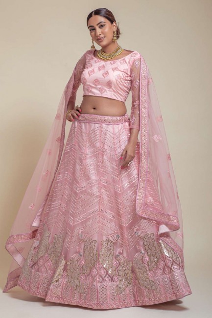Pink Wedding Lehenga Choli Net in Embroidered