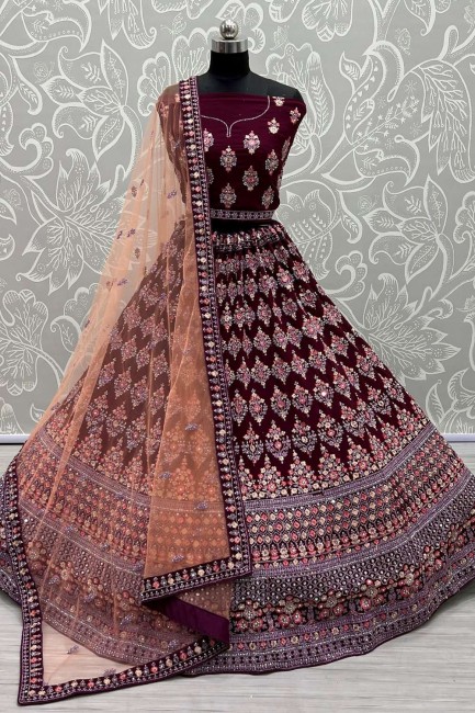 Georgette Embroidered Maroon Bridal Lehenga Choli with Dupatta