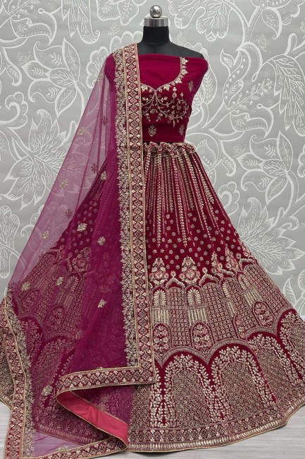 Bridal Lehenga Choli in Velvet Pink  with Embroidered