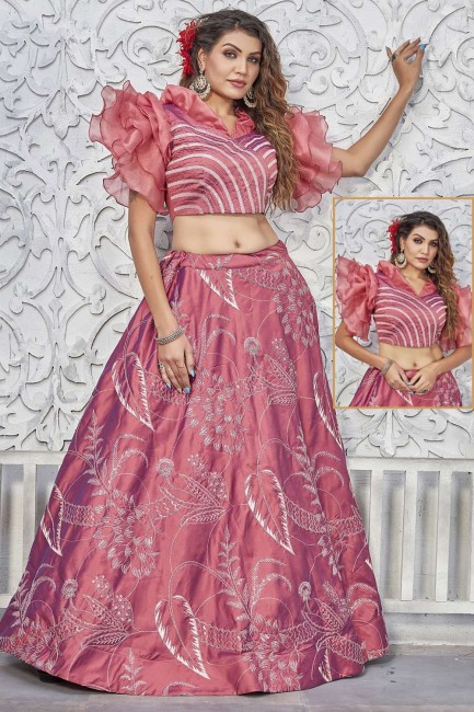Embroidered Silk Party Lehenga Choli in Pink with Dupatta