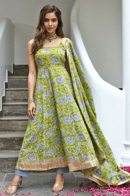 Green Anarkali Suit in Printed Cotton
