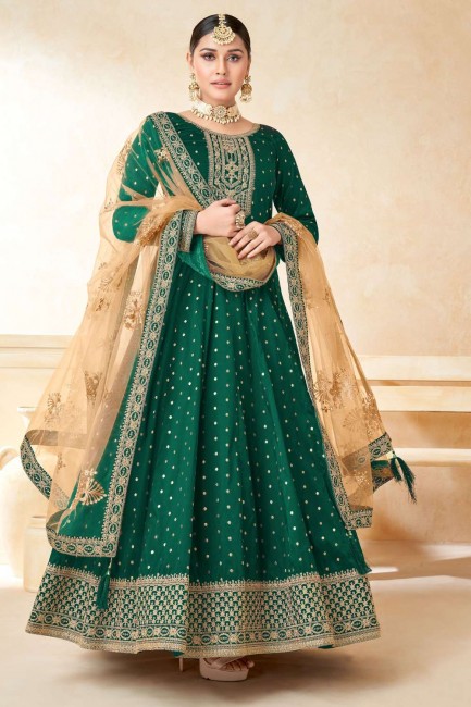 Green Anarkali Suit in Taffeta with Embroidered