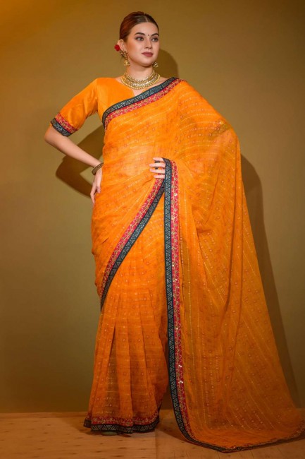 Georgette Saree with Printed,lace in Yellow