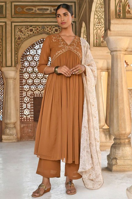 Embroidered Polysilk Eid Palazzo Suit in Brown