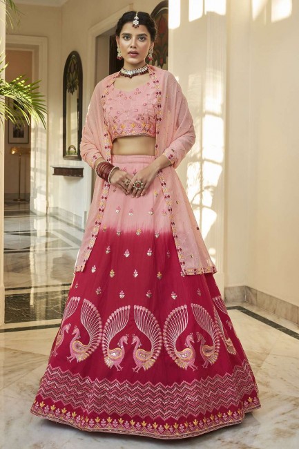 Pink Embroidered Wedding Lehenga Choli in Art silk