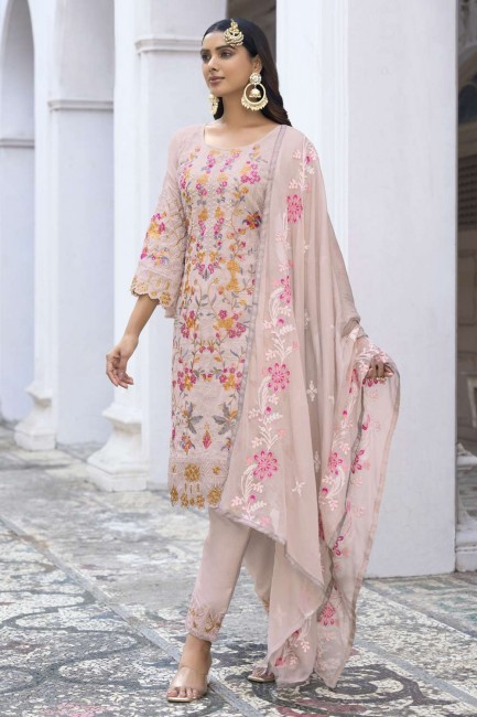 Peach Faux georgette Eid Salwar Kameez with Embroidered