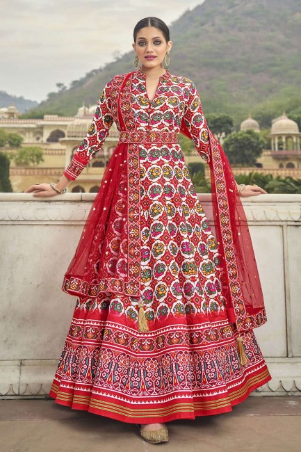 Digital print Silk Gown Dress in Red with Dupatta