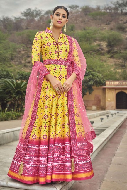 Yellow Silk Digital print Gown Dress with Dupatta