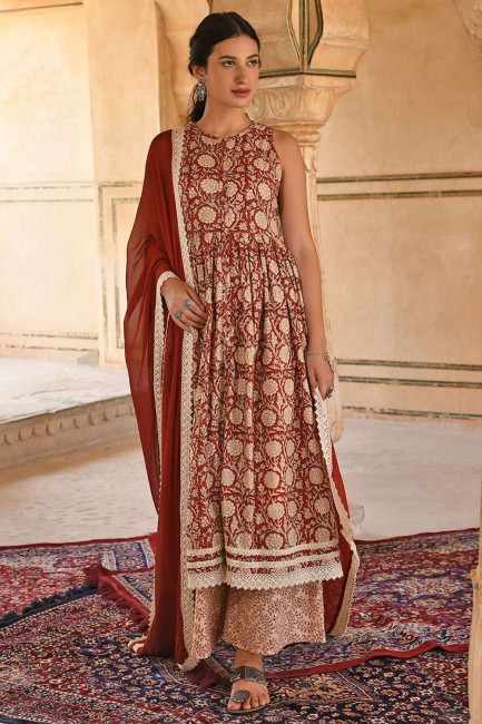 Printed Cotton Anarkali Suit in Rust  with Dupatta
