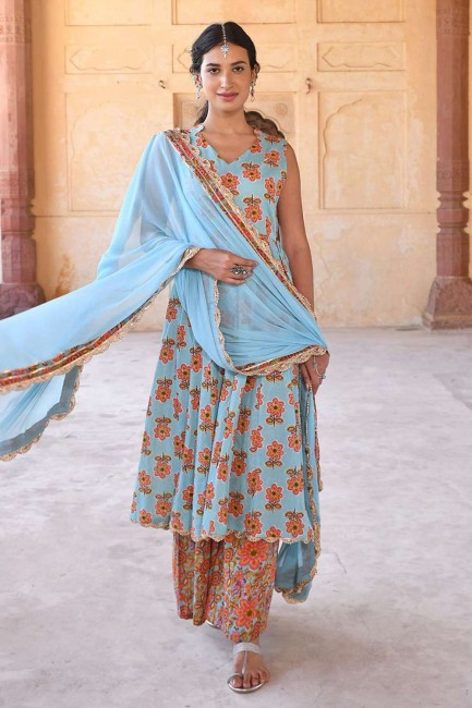 Cotton Anarkali Suit with Printed in Sky blue