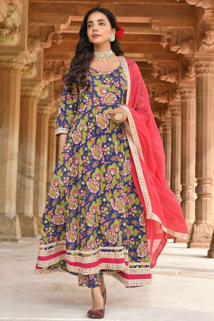 Blue Anarkali Suit in Cotton with Printed