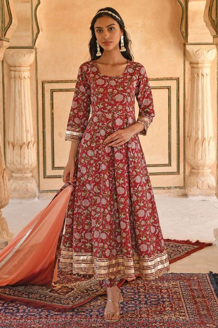 Printed Cotton Maroon Anarkali Suit with Dupatta