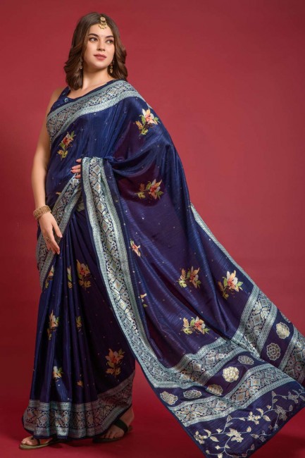 Stone,printed Silk Blue Saree with Blouse
