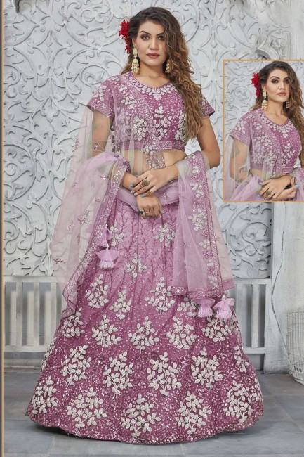Pink Wedding Lehenga Choli in Net with Embroidered