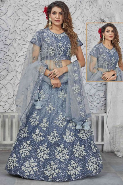 Net Wedding Lehenga Choli in Teal  with Embroidered