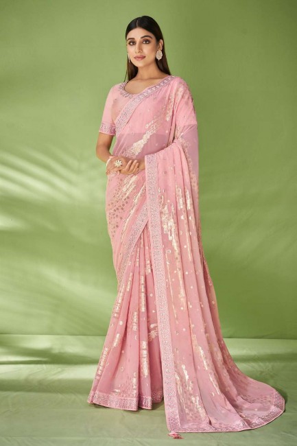 Stone,printed Georgette Peach Saree with Blouse