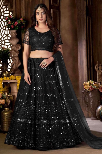 Net Party Lehenga Choli in Black with Embroidered