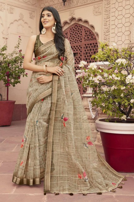 Brown Saree in Organza with Printed