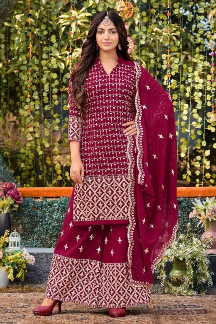 Embroidered Eid Palazzo Suit in Maroon Faux georgette