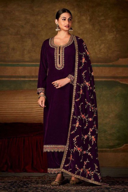 Purple Velvet Eid Palazzo Suit with Embroidered