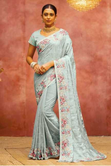 Organza Sky blue Saree in Embroidered,stone with moti