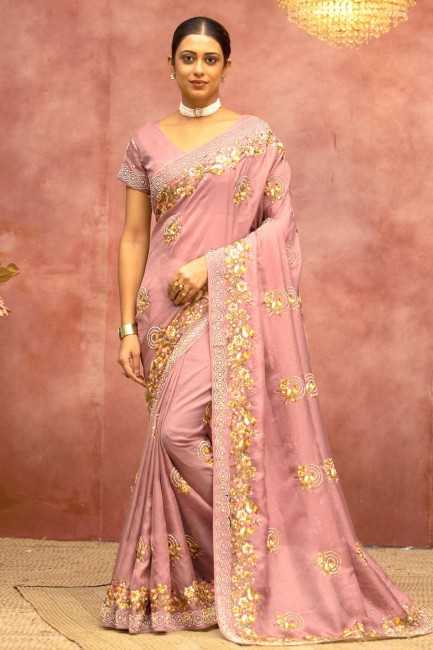 Pink Embroidered,stone with moti Organza Saree