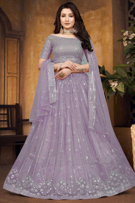 Embroidered Net Wedding Lehenga Choli in Purple with Dupatta
