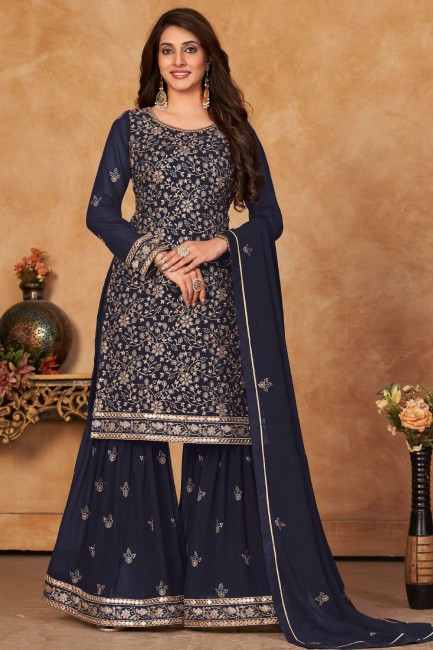 Eid Embroidered Sharara Suit in Blue Faux georgette