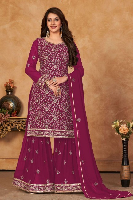 Eid Sharara Suit Maroon with Embroidered Faux georgette
