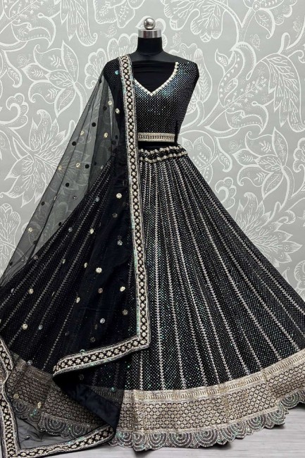 Black Net Embroidered Wedding Lehenga Choli with Dupatta