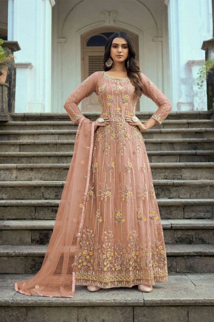 Embroidered Net Peach Anarkali Suit with Dupatta
