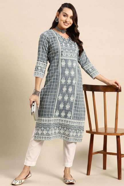 Straight Kurti in Grey Poly cotton with Printed