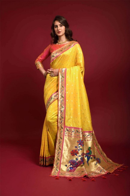 Banarasi silk Yellow Saree in Zari,weaving