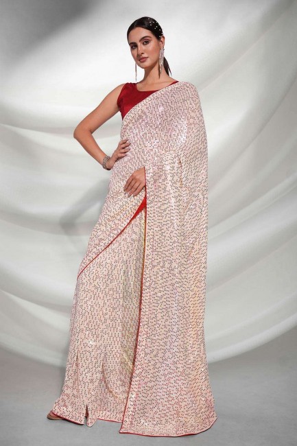 Party Wear Saree Off white in Georgette with Embroidered