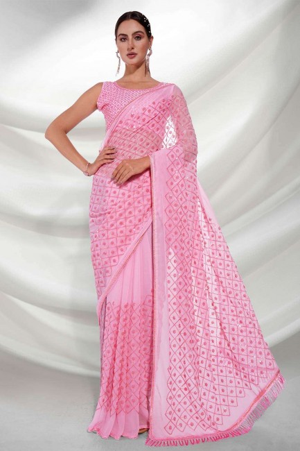 Georgette Embroidered Pink Party Wear Saree with Blouse