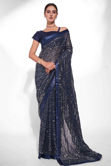 Embroidered Blue Georgette Party Wear Saree