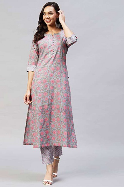 Cotton Straight Kurti in Grey with Printed