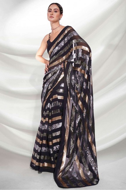 Party Wear Saree in Black Embroidered Georgette