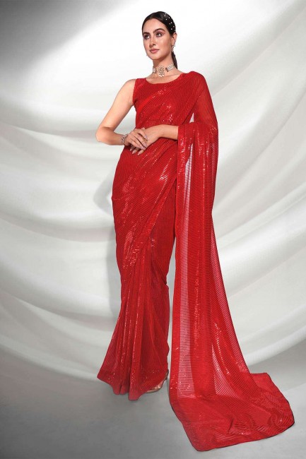 Embroidered Party Wear Saree in Maroon Georgette