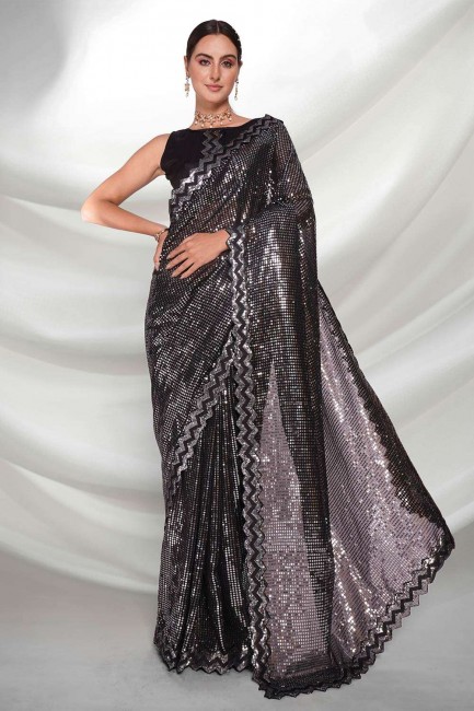 Black Georgette Party Wear Saree in Embroidered