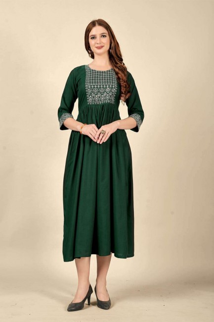 Straight Kurti in Green Cotton with Embroidered