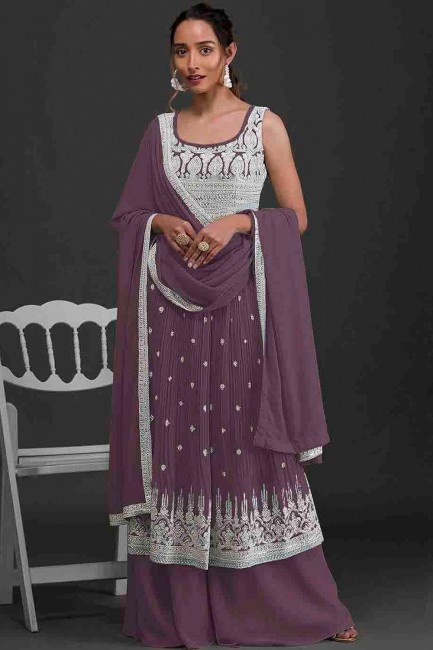 Embroidered Palazzo Suit in Purple Georgette