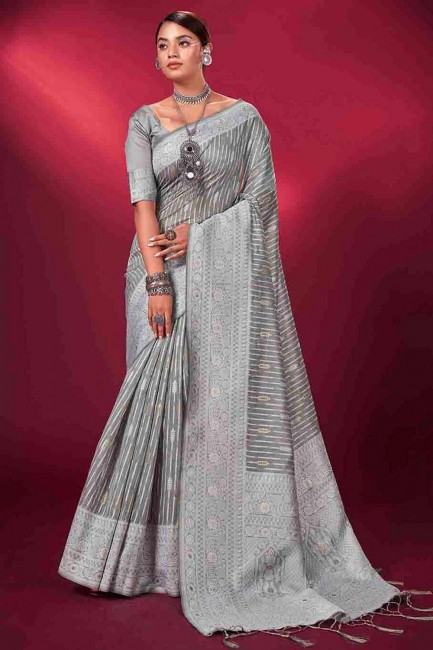 Grey Saree with Weaving Banarasi silk