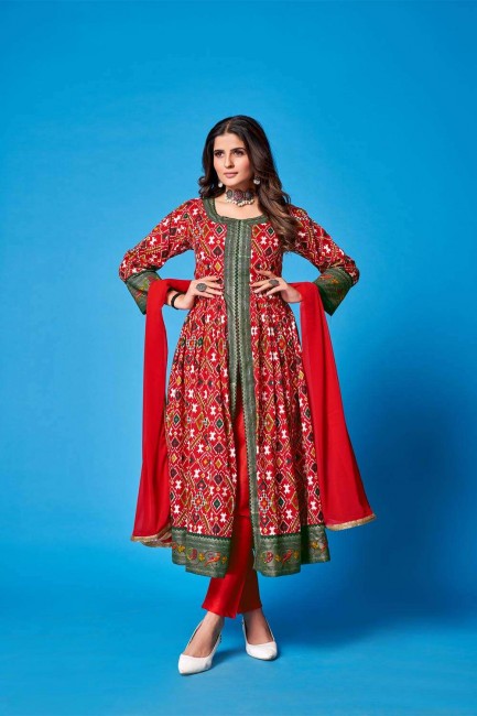 Rayon Printed Red Palazzo Suit with Dupatta