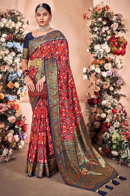 Art silk Red Printed Saree with Blouse