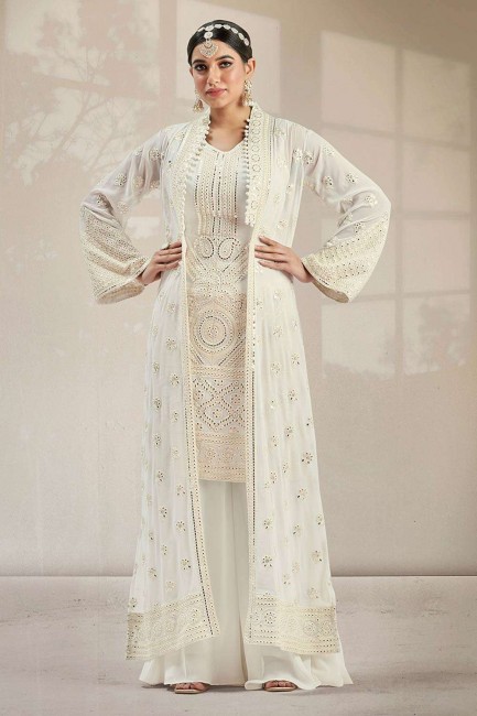 Georgette Embroidered White Palazzo Suit with Dupatta
