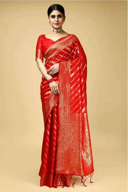 Red Saree with Zari,weaving Banarasi silk