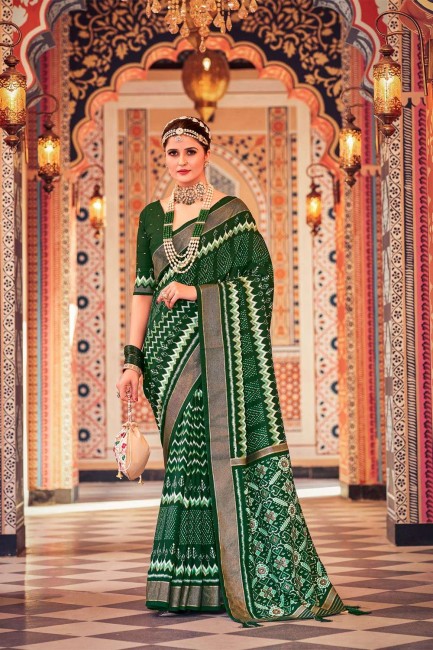 Green Saree in Cotton with Printed,weaving,lace border
