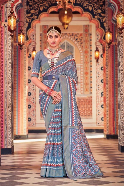 Cotton Saree in Grey with Printed,weaving,lace border