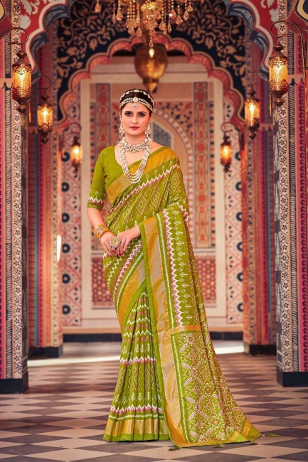 Green Saree with Printed,weaving,lace border Cotton